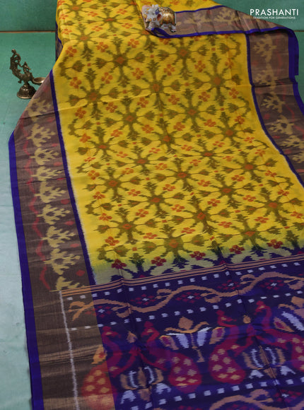 Ikat silk cotton saree yelloe and blue with allover ikat weaves and ikat woven zari border