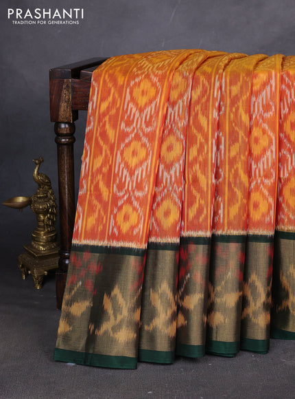 Ikat silk cotton saree mustard yellow and green with allover ikat weaves and ikat woven zari border