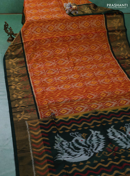 Ikat silk cotton saree mustard yellow and green with allover ikat weaves and ikat woven zari border