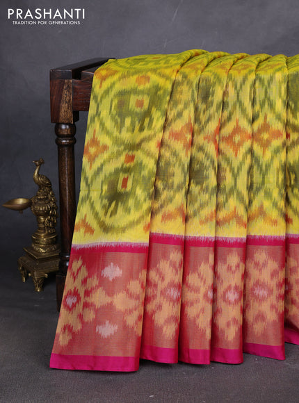 Ikat silk cotton saree lime green and pink with allover ikat weaves and ikat woven zari border