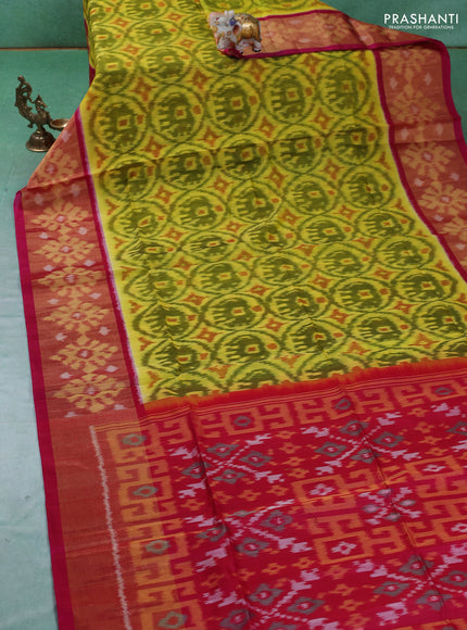 Ikat silk cotton saree lime green and pink with allover ikat weaves and ikat woven zari border