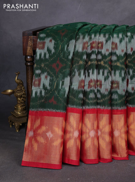 Ikat silk cotton saree green and red with allover ikat weaves and ikat woven zari border