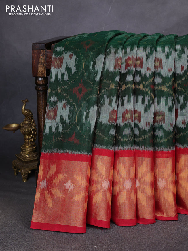 Ikat silk cotton saree green and red with allover ikat weaves and ikat woven zari border
