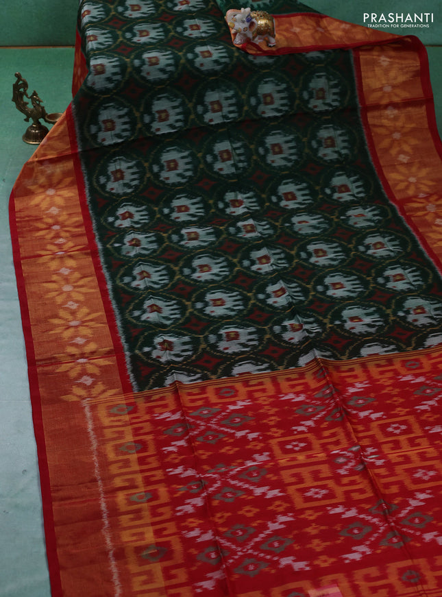 Ikat silk cotton saree green and red with allover ikat weaves and ikat woven zari border
