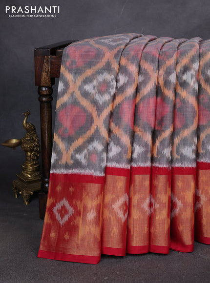 Ikat silk cotton saree grey and red with allover ikat weaves and ikat woven zari border