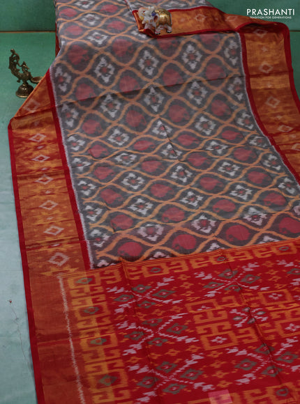 Ikat silk cotton saree grey and red with allover ikat weaves and ikat woven zari border