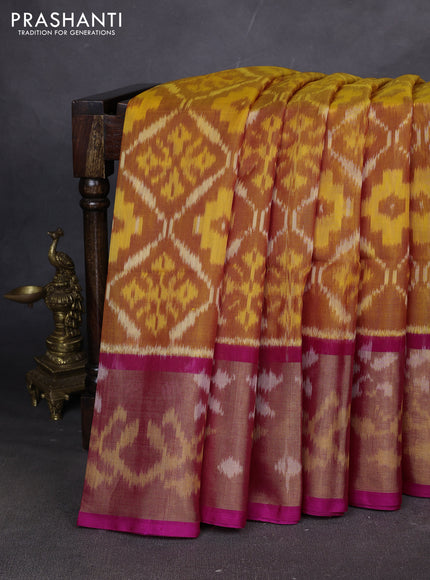 Ikat silk cotton saree mustard yellow and pink with allover ikat weaves and ikat woven zari border