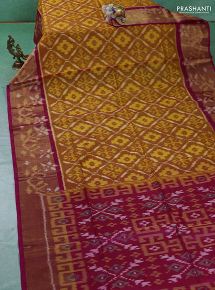 Ikat silk cotton saree mustard yellow and pink with allover ikat weaves and ikat woven zari border