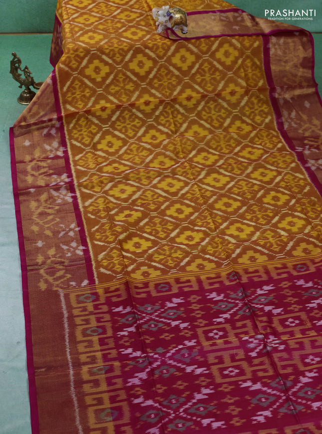 Ikat silk cotton saree mustard yellow and pink with allover ikat weaves and ikat woven zari border