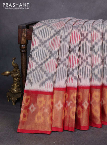 Ikat silk cotton saree off white and red with allover ikat weaves and ikat woven zari border