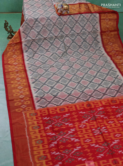 Ikat silk cotton saree off white and red with allover ikat weaves and ikat woven zari border