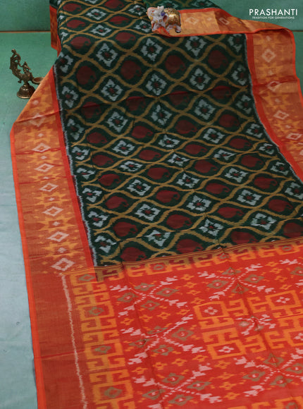 Ikat silk cotton saree green and orange with allover ikat weaves and ikat woven zari border