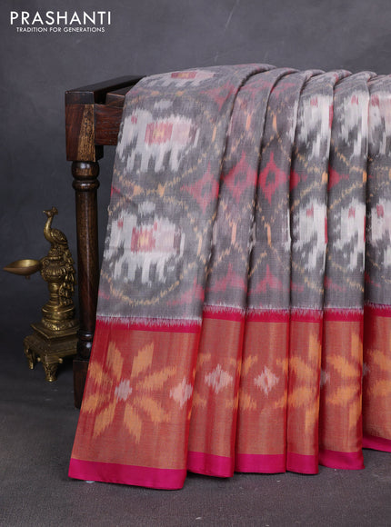 Ikat silk cotton saree grey and pink with allover ikat weaves and ikat woven zari border