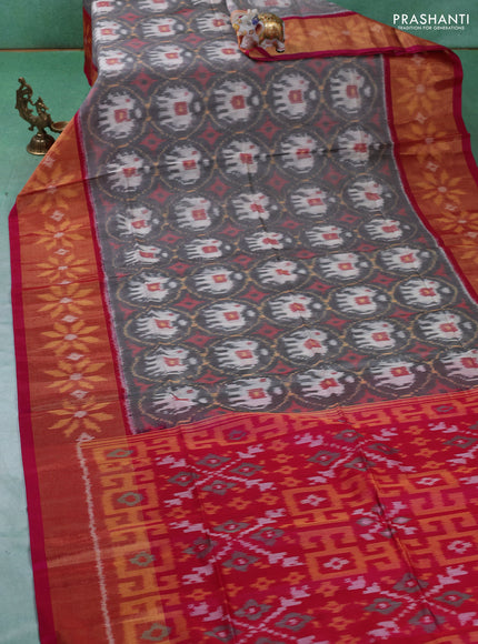 Ikat silk cotton saree grey and pink with allover ikat weaves and ikat woven zari border