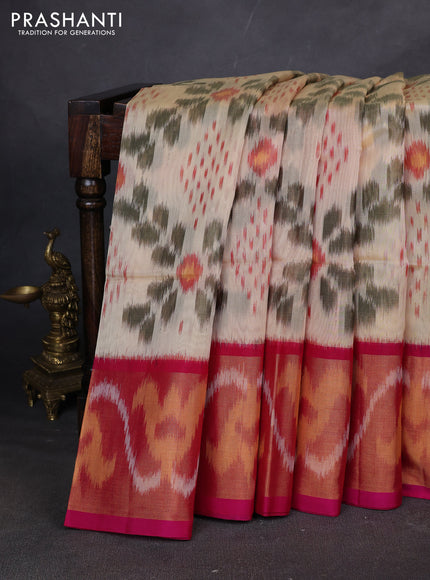Ikat silk cotton saree cream and pink with allover ikat weaves and ikat woven zari border