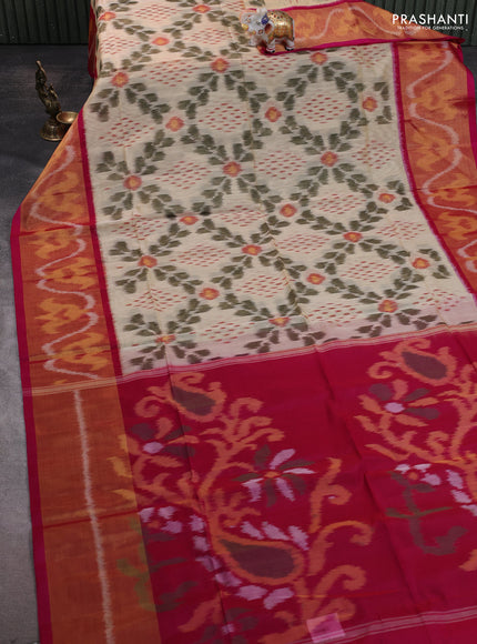 Ikat silk cotton saree cream and pink with allover ikat weaves and ikat woven zari border