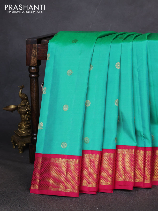 10 yards silk saree teal green and pink with zari woven buttas and zari woven border