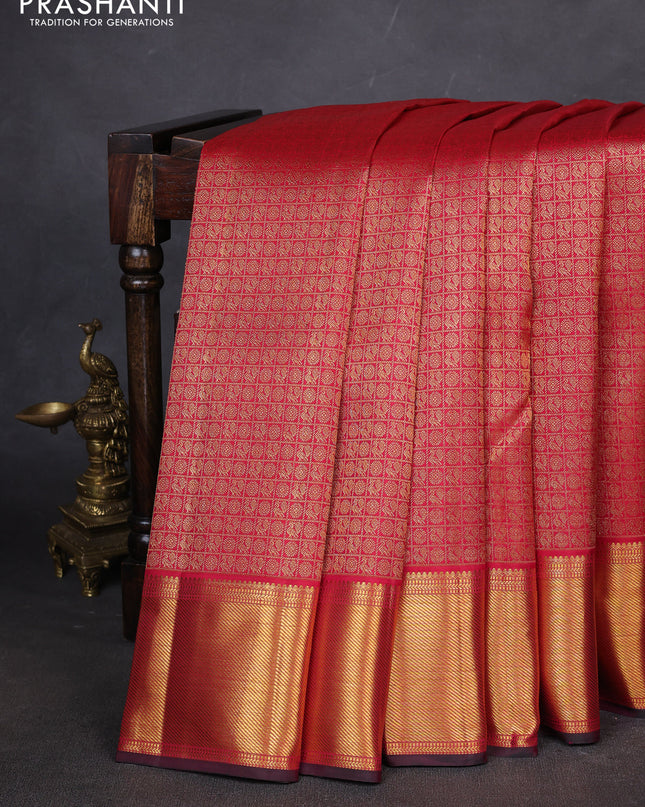 Pure kanchipuram silk saree maroon with allover zari checks & annam weaves and zari woven border