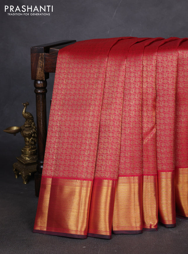Pure kanchipuram silk saree maroon with allover zari checks & annam weaves and zari woven border