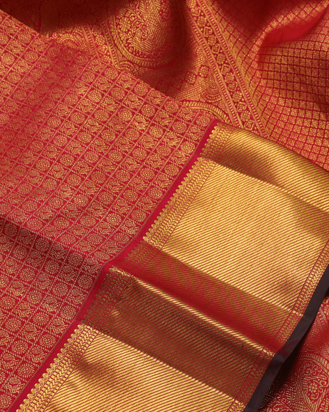 Pure kanchipuram silk saree maroon with allover zari checks & annam weaves and zari woven border