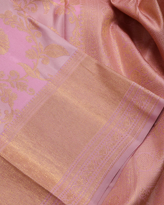 Pure kanchipuram silk saree pastel pink with allover zari woven floral weaves and zari woven border