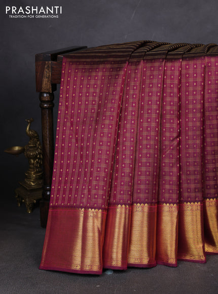 Pure kanchipuram silk saree dark magenta pink with allover zari checks & buttas and zari woven border