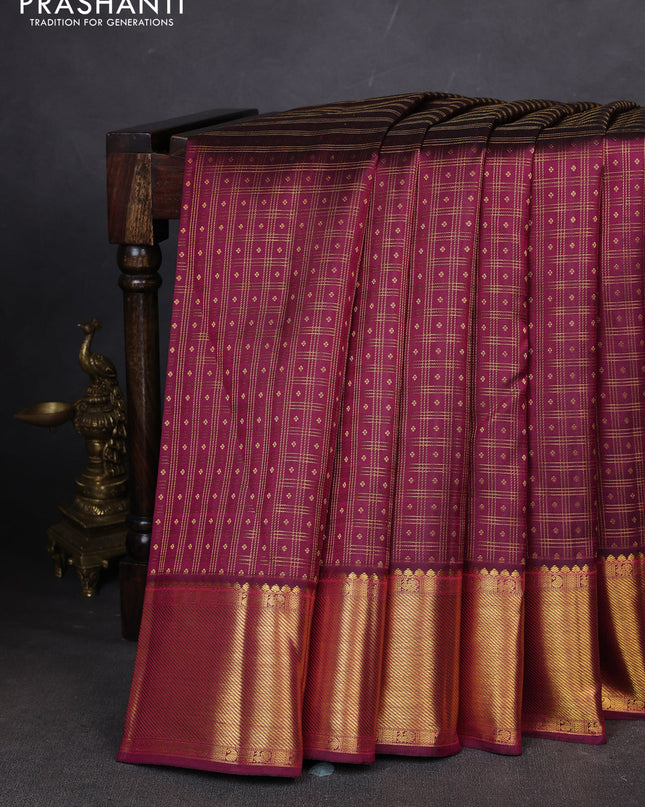Pure kanchipuram silk saree dark magenta pink with allover zari checks & buttas and zari woven border