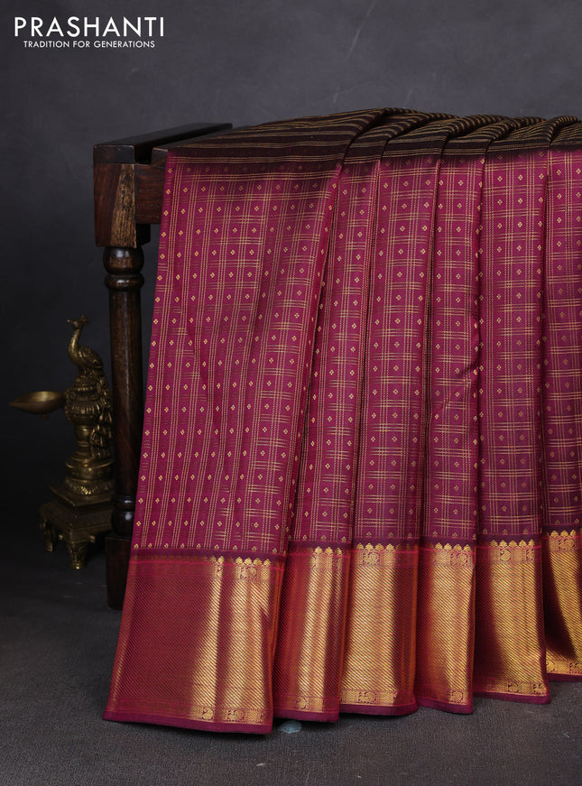 Pure kanchipuram silk saree dark magenta pink with allover zari checks & buttas and zari woven border