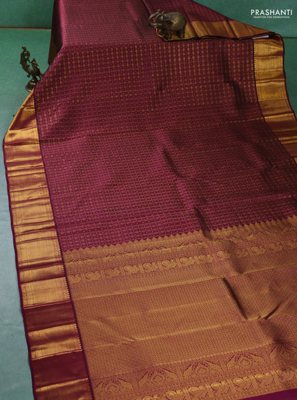 Pure kanchipuram silk saree dark magenta pink with allover zari checks & buttas and zari woven border