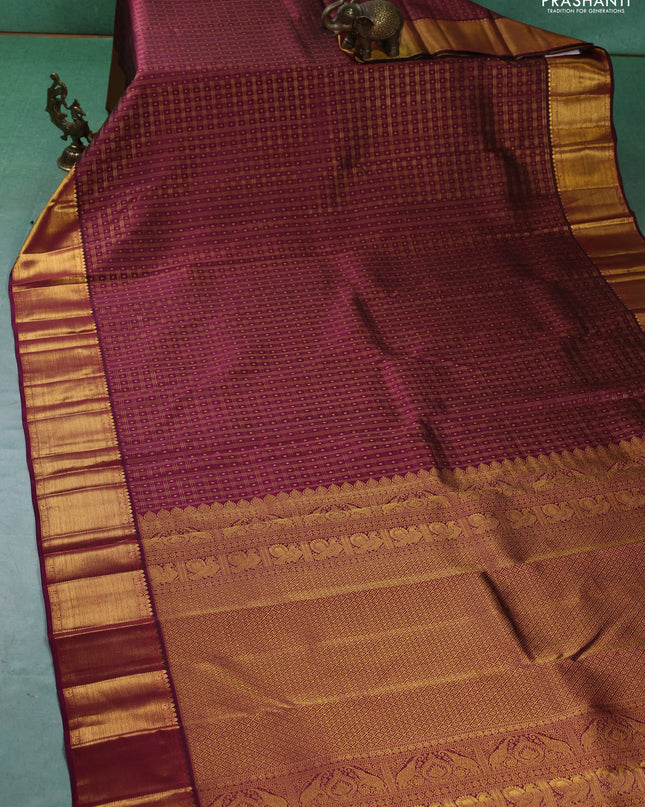 Pure kanchipuram silk saree dark magenta pink with allover zari checks & buttas and zari woven border