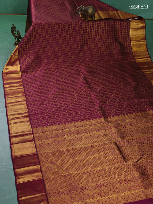 Pure kanchipuram silk saree dark magenta pink with allover zari checks & buttas and zari woven border