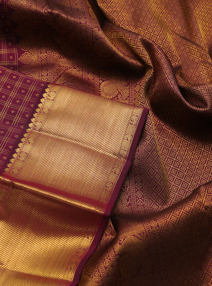 Pure kanchipuram silk saree dark magenta pink with allover zari checks & buttas and zari woven border