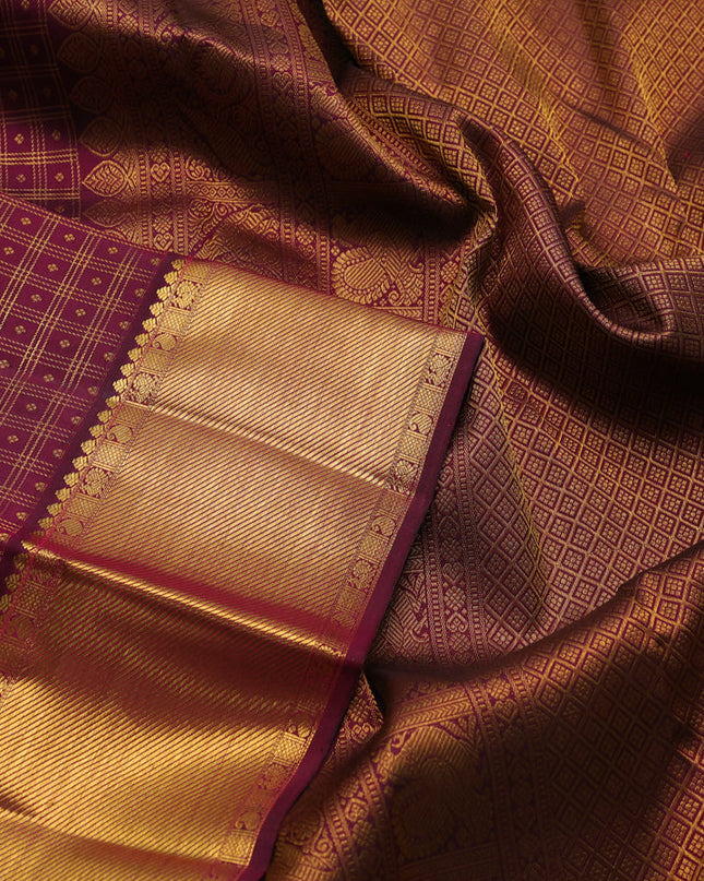 Pure kanchipuram silk saree dark magenta pink with allover zari checks & buttas and zari woven border