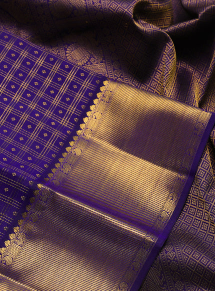 Pure kanchipuram silk saree blue with allover zari checks & buttas and zari woven border