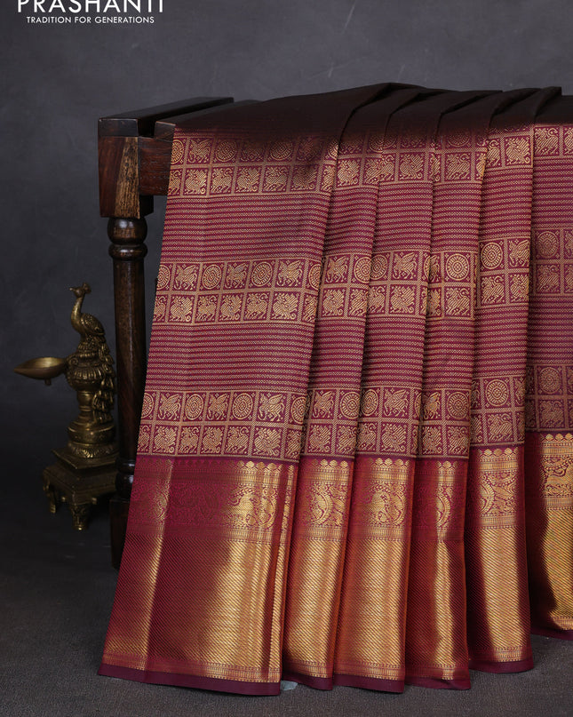 Pure kanchipuram silk saree maroon with allover zari woven brocade weaves and zari woven border