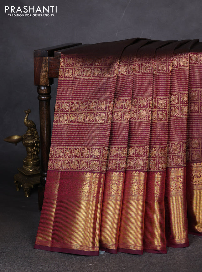 Pure kanchipuram silk saree maroon with allover zari woven brocade weaves and zari woven border