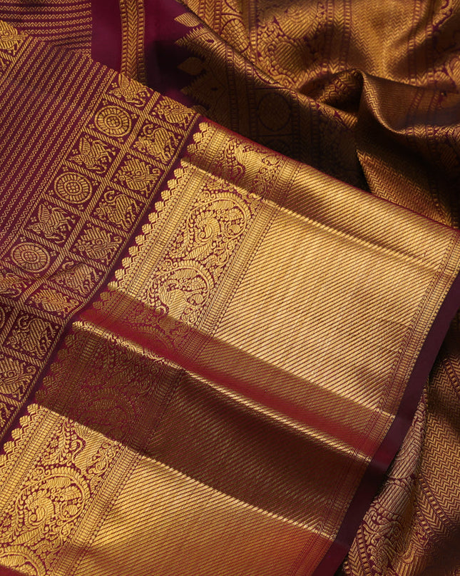 Pure kanchipuram silk saree maroon with allover zari woven brocade weaves and zari woven border