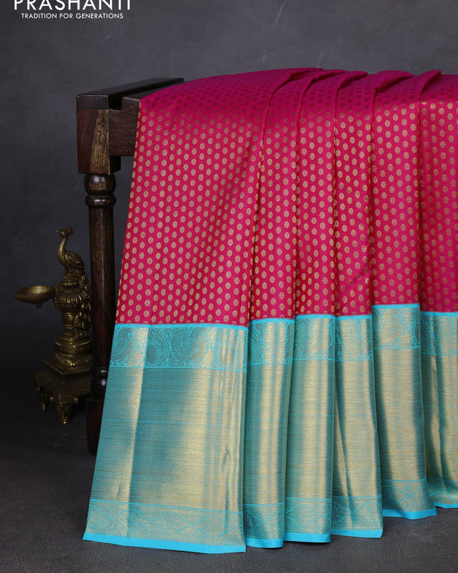 Pure kanchipuram silk saree pink and cs blue with allover zari woven 1000 buttas and long zari woven border