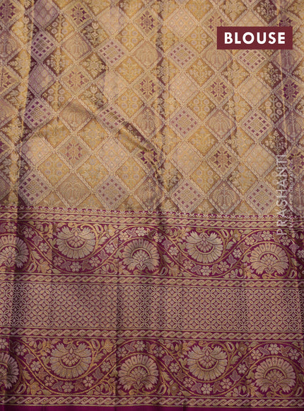 Pure kanchipuram tissue silk saree mild peach and purple with allover zari woven brocade weaves and long zari woven border