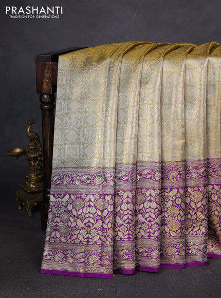 Pure kanchipuram tissue silk saree cream and purple with allover zari woven brocade weaves and long zari woven border