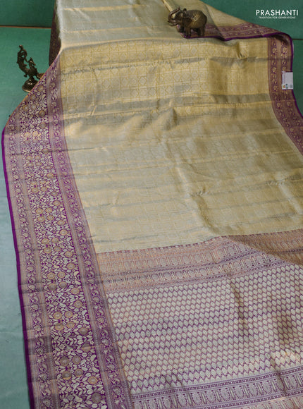 Pure kanchipuram tissue silk saree cream and purple with allover zari woven brocade weaves and long zari woven border