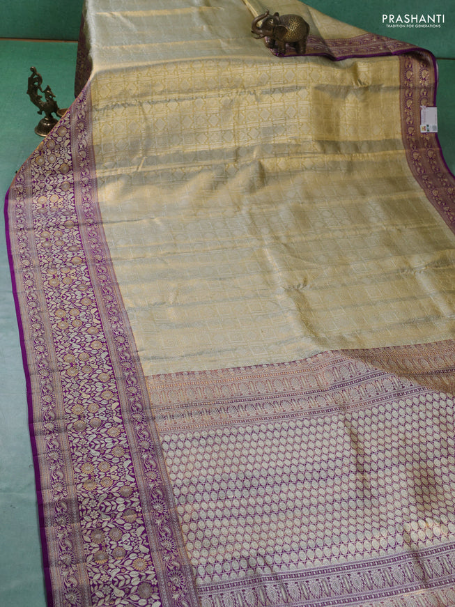 Pure kanchipuram tissue silk saree cream and purple with allover zari woven brocade weaves and long zari woven border