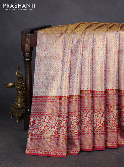 Pure kanchipuram tissue silk saree sandal and maroon with allover zari woven brocade weaves and long zari woven border