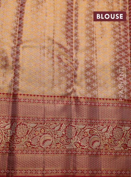Pure kanchipuram tissue silk saree sandal and maroon with allover zari woven brocade weaves and long zari woven border