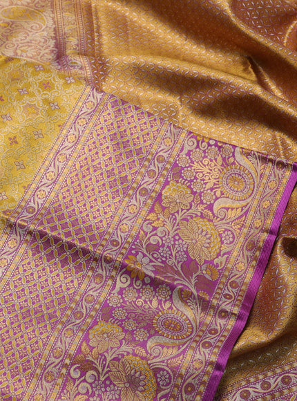 Pure kanchipuram tissue silk saree gold and lavender with allover zari woven brocade weaves and long zari woven border