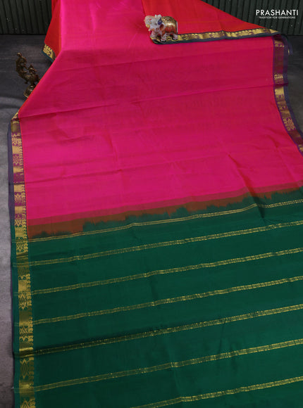Silk cotton saree pink and green with plain body and zari woven border