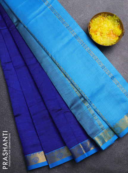 Silk cotton saree dark blue and cs blue with plain body and zari woven border