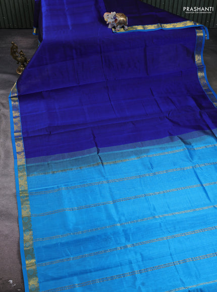 Silk cotton saree dark blue and cs blue with plain body and zari woven border