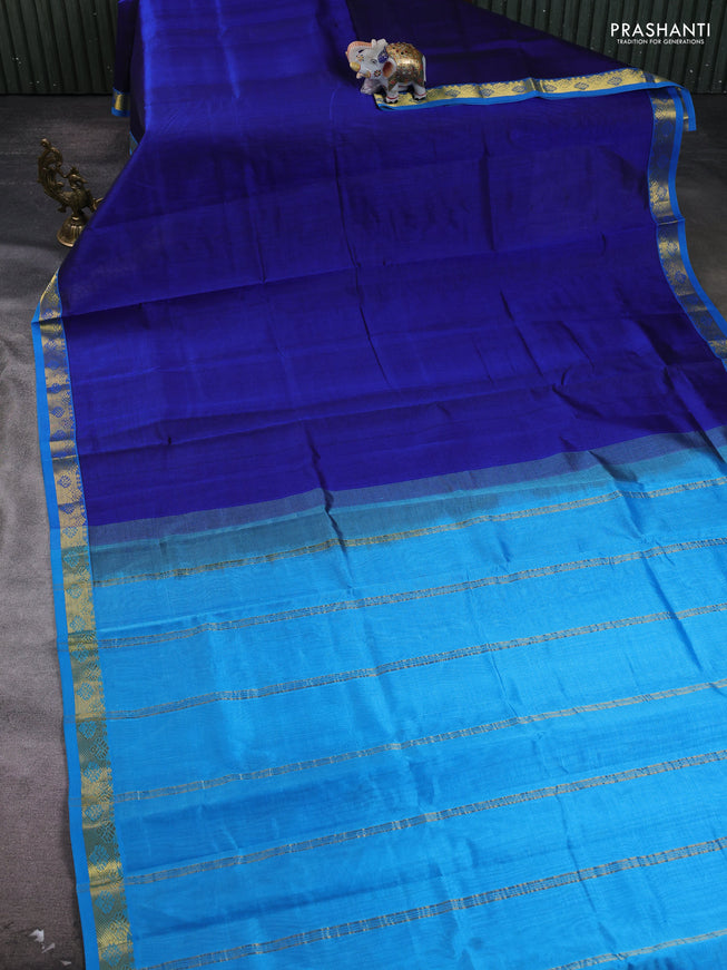 Silk cotton saree dark blue and cs blue with plain body and zari woven border