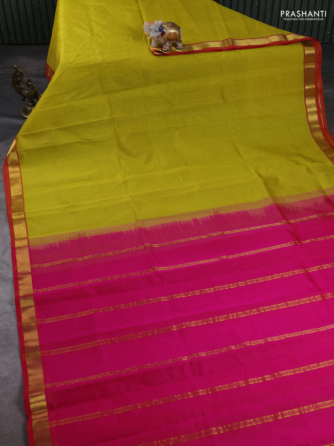 Silk cotton saree lime yellow and pink with plain body and zari woven border